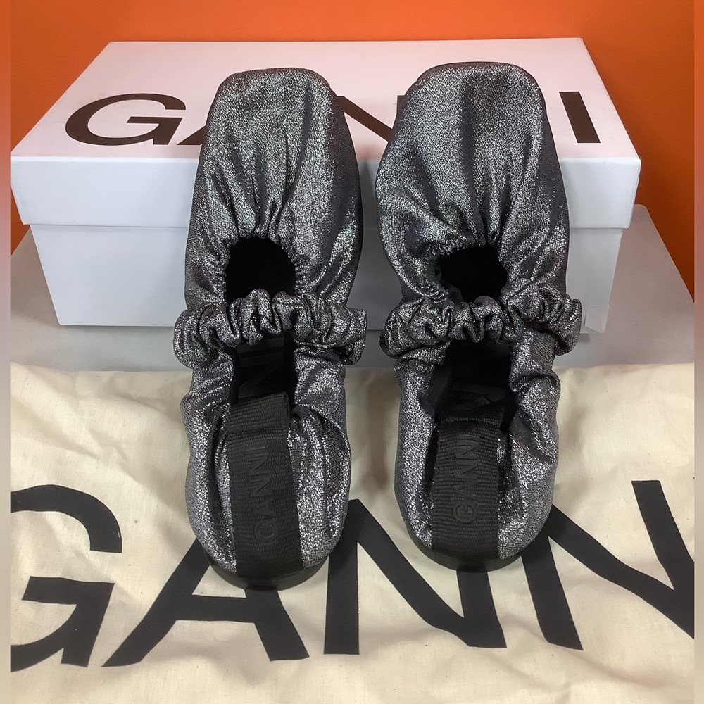 Ganni Metallic Silver Flats